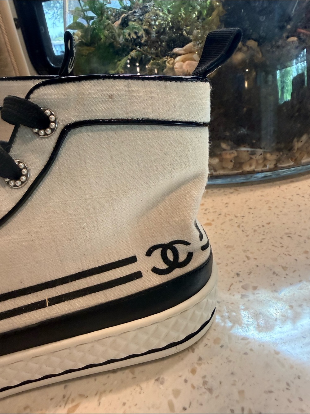 CHANEL White & Black High-Top Sneakers with CC Logo - Picture 2 of 6